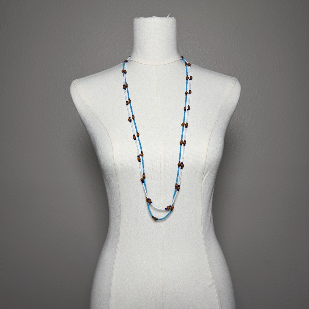 Beaded Wrap Necklace Bracelet Turquoise White Wood Beads for Festival Season